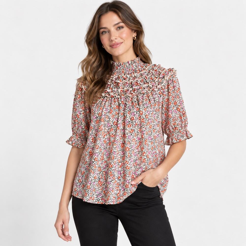 Ann Taylor Floral Ruffle High Neck Blouse Women’s SmalOrange Black